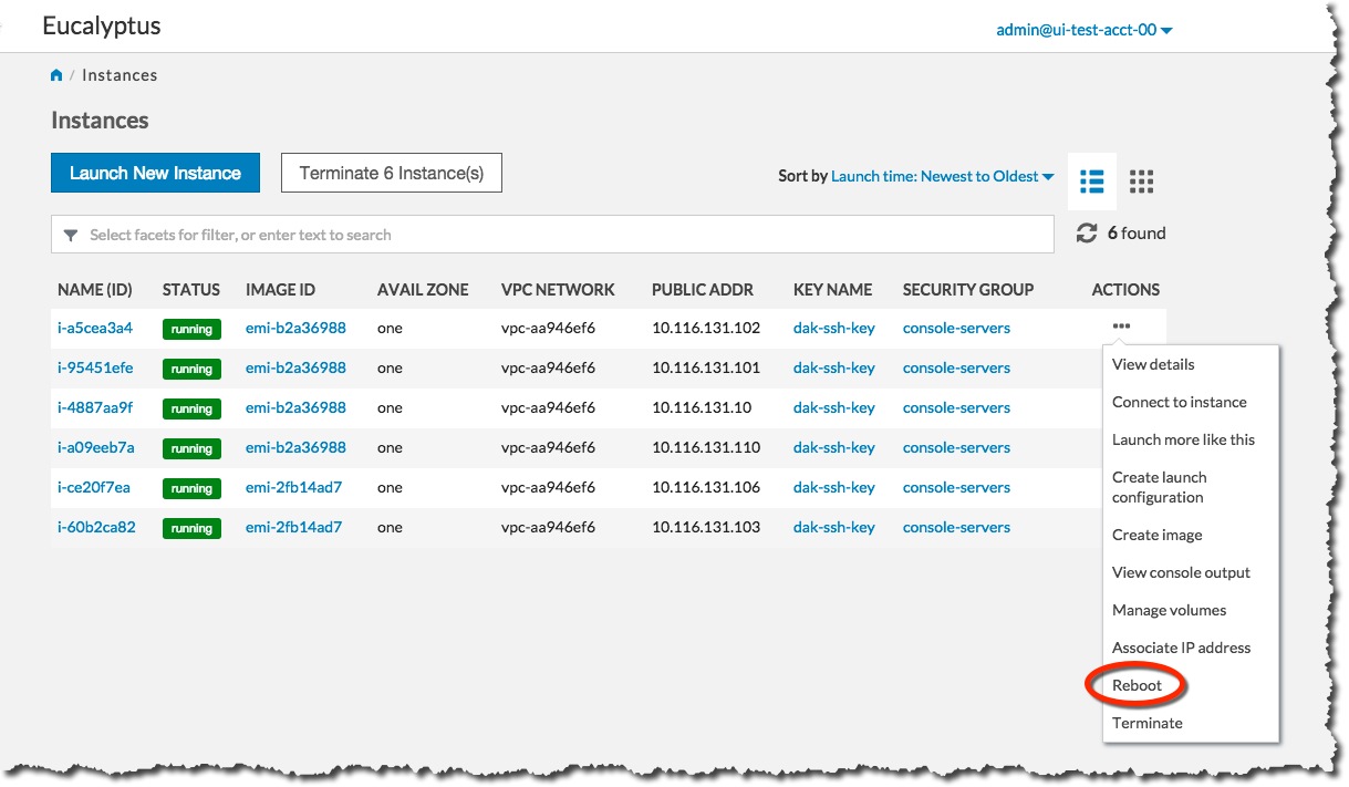 Eucalyptus Console Reboot Instance